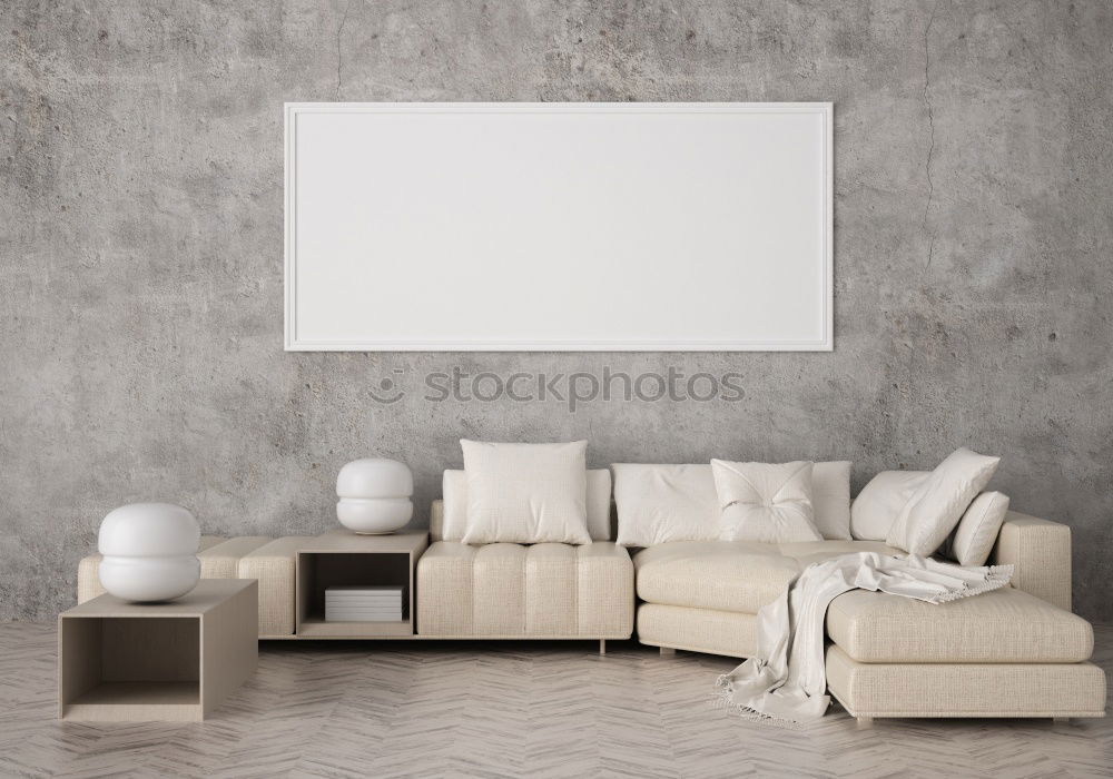 Similar – Stilvolle minimalistische Einrichtung des Wohnzimmers in Grau. Sofa mit Plaid, Stehlampe, beige Teppich und Mockup weißen Rahmen an der Wand