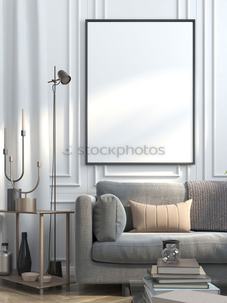 Similar – Stilvolle minimalistische Einrichtung des Wohnzimmers in Grau. Sofa mit Plaid, Stehlampe, beige Teppich und Mockup weißen Rahmen an der Wand