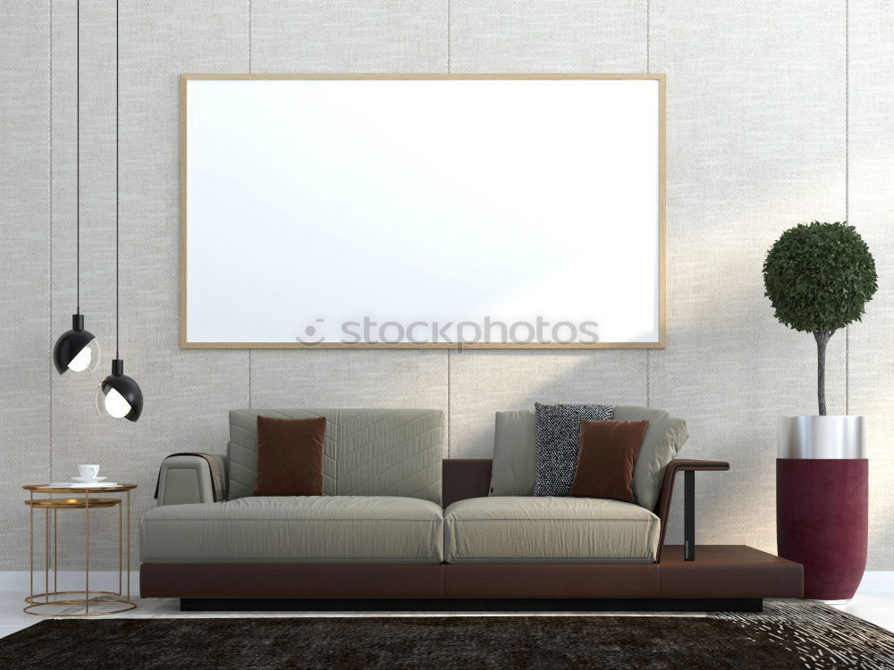 Similar – Stilvolle minimalistische Einrichtung des Wohnzimmers in Grau. Sofa mit Plaid, Stehlampe, beige Teppich und Mockup weißen Rahmen an der Wand