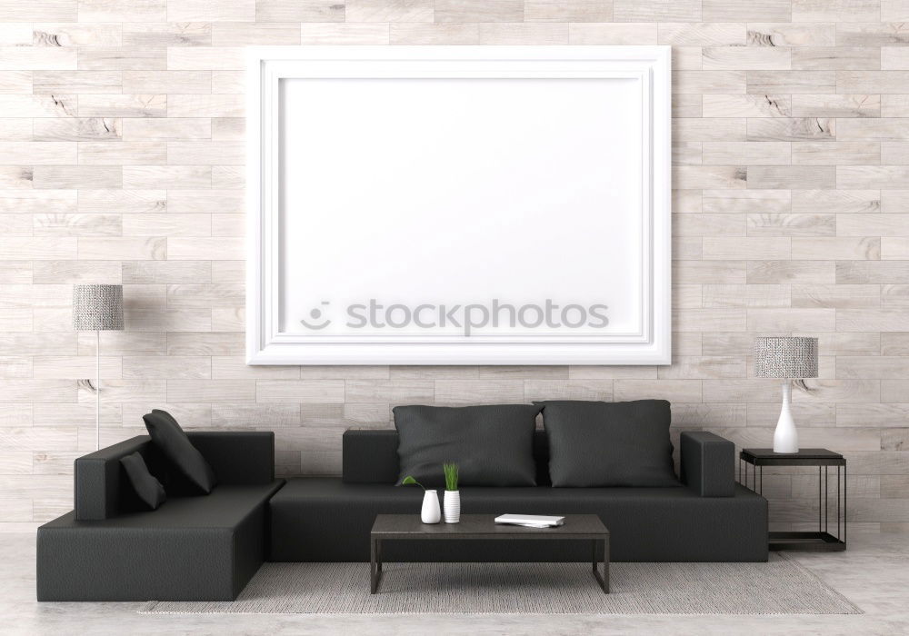 Similar – Stilvolle minimalistische Einrichtung des Wohnzimmers in Grau. Sofa mit Plaid, Stehlampe, beige Teppich und Mockup weißen Rahmen an der Wand