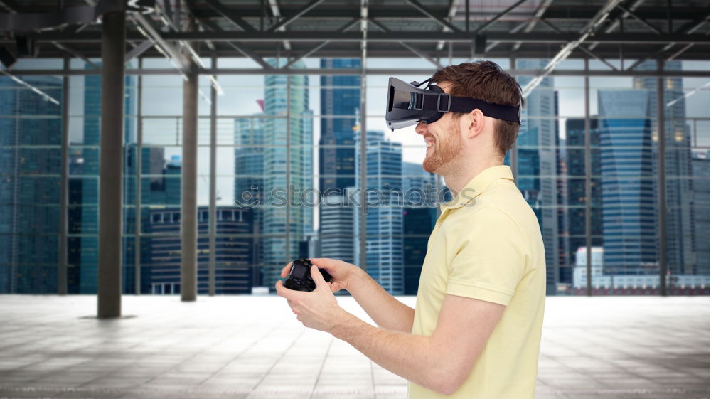 Similar – woman wearing 3d vr goggles, driving car in virtual space