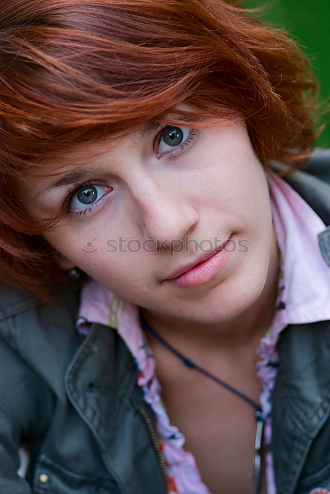 Similar – analog rectangular portrait of young woman with purple hair in front of green steel sheet wall