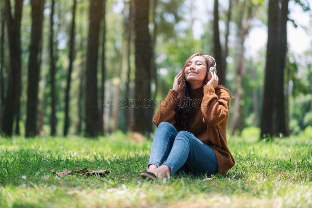 Image, Stock Photo Blonde girl drinking coffee in park sitting on grass