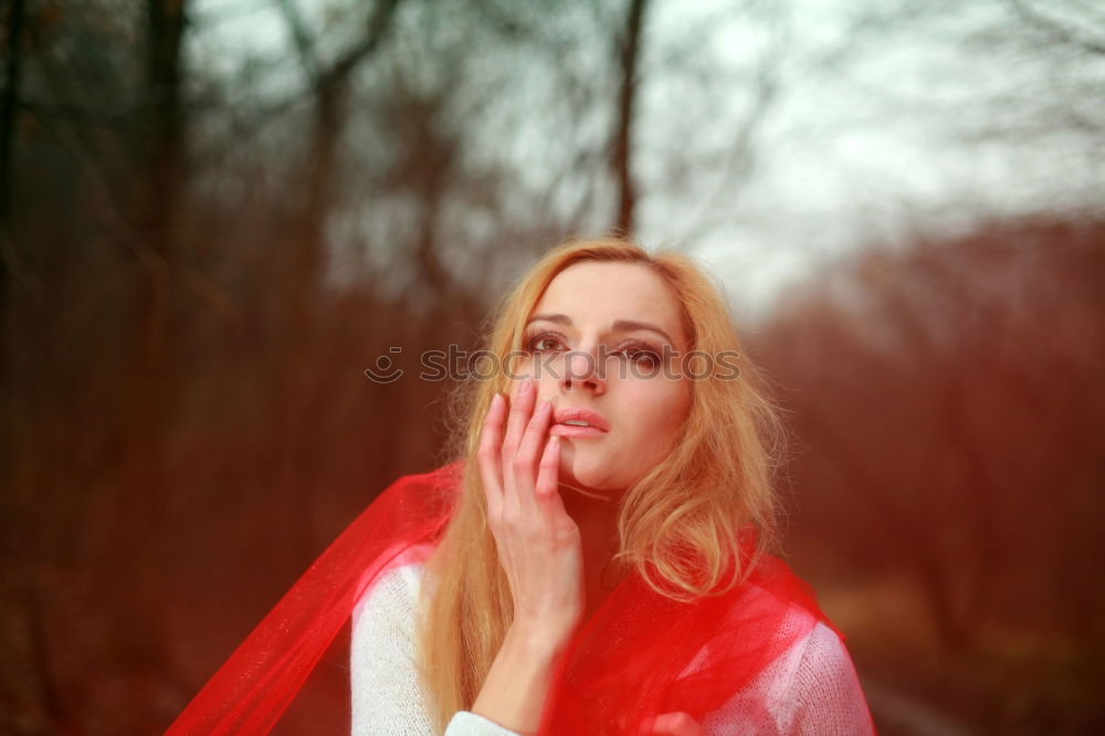 Image, Stock Photo analog medium format portrait with lightleaks of young beautiful woman in purple wedding dress in forest