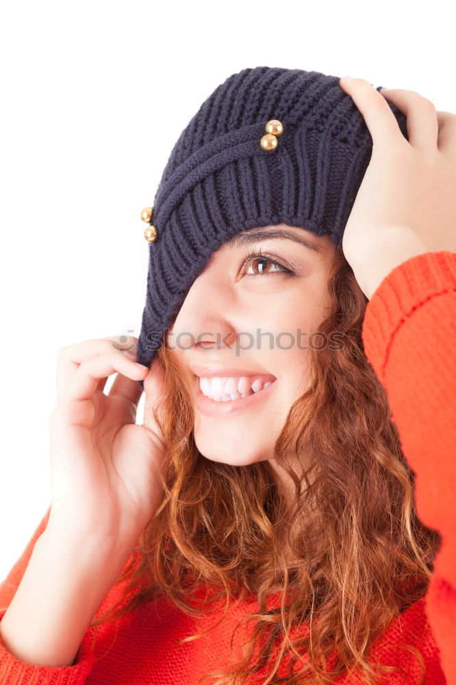 Similar – Image, Stock Photo Happy autumn or winter girl covering face with wool cap