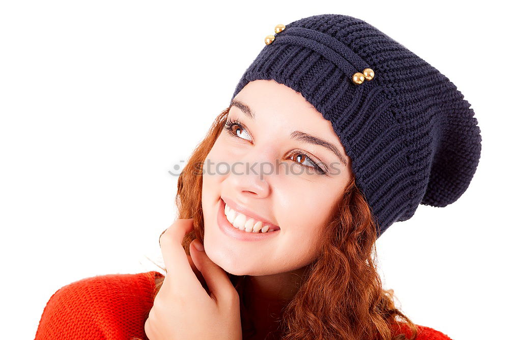 Similar – Image, Stock Photo Happy autumn or winter girl covering face with wool cap