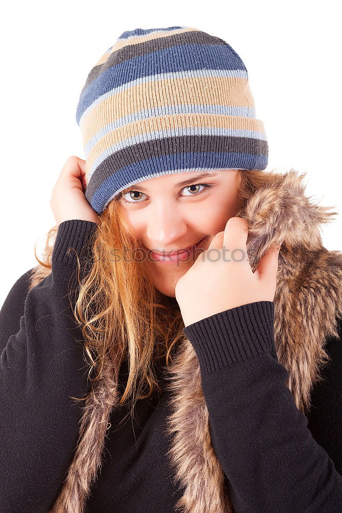 Similar – Image, Stock Photo Happy autumn or winter girl covering face with wool cap