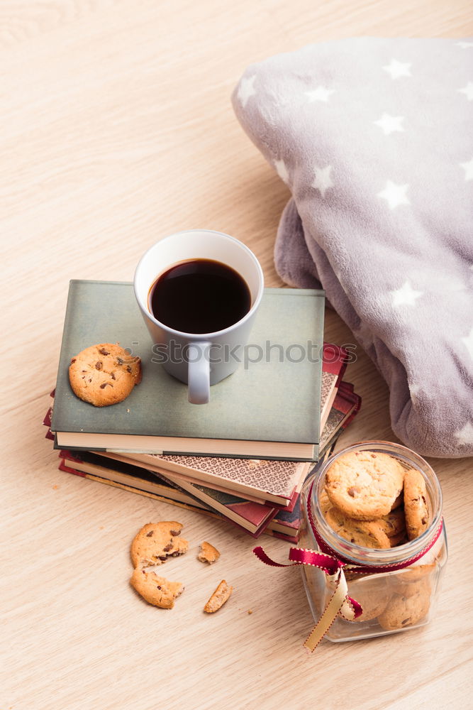 Image, Stock Photo A few books with cup of coffee and cookies on wooden floor