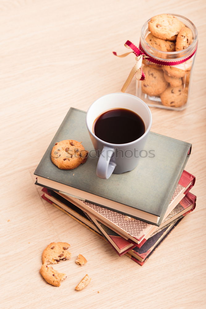 Image, Stock Photo A few books with cup of coffee and cookies on wooden floor