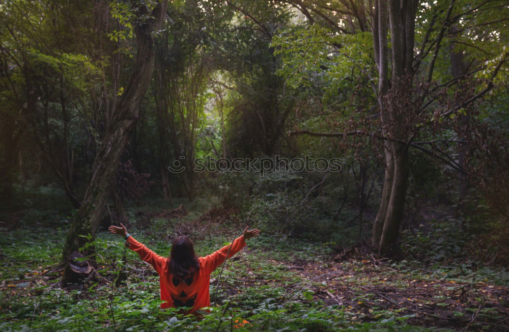 Similar – Woman looking down in forest