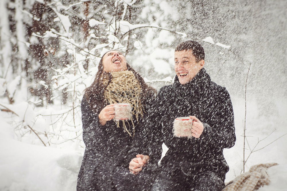 Image, Stock Photo happy loving couple walking in snowy winter forest