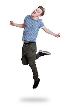 young man jumps into the air with three-coloured shadow