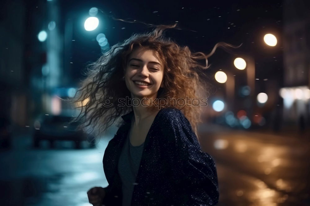 Similar – Young woman at night party with neon lights