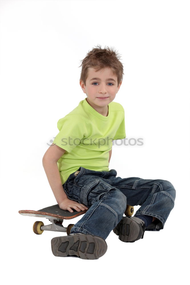 Similar – Image, Stock Photo Happy little boy with bicycle standing on road