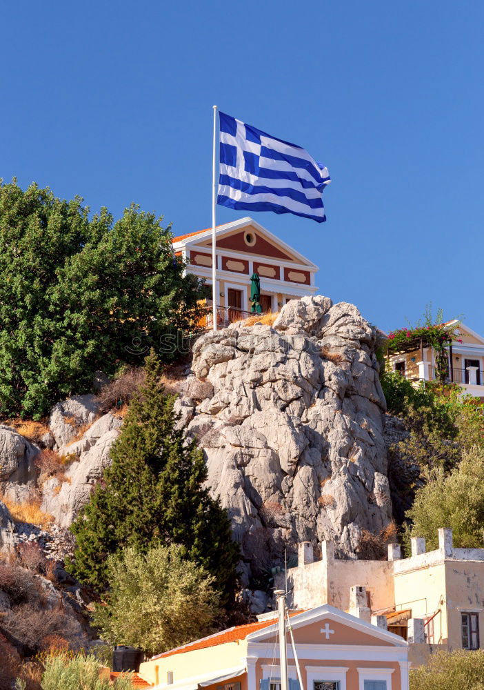 Similar – Image, Stock Photo Greek flag on the beach. Beach houses.