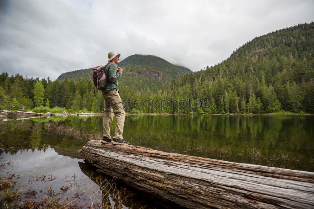 Similar – Image, Stock Photo Man with backpack on trunk