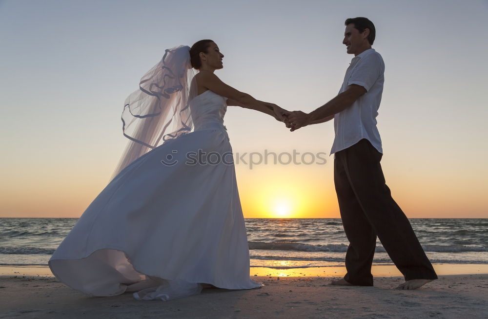 Similar – Image, Stock Photo Beautiful bridal couple posing on shore