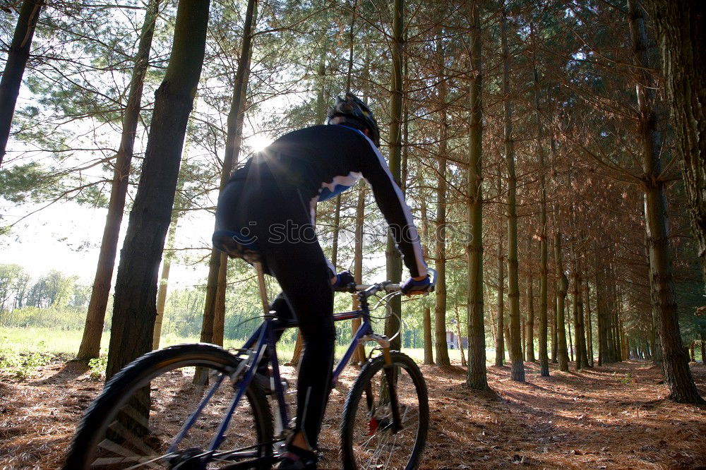 Similar – Biker in Jeans und kariertem Hemd springt mit dem Fahrrad die MTB-Strecke hinunter