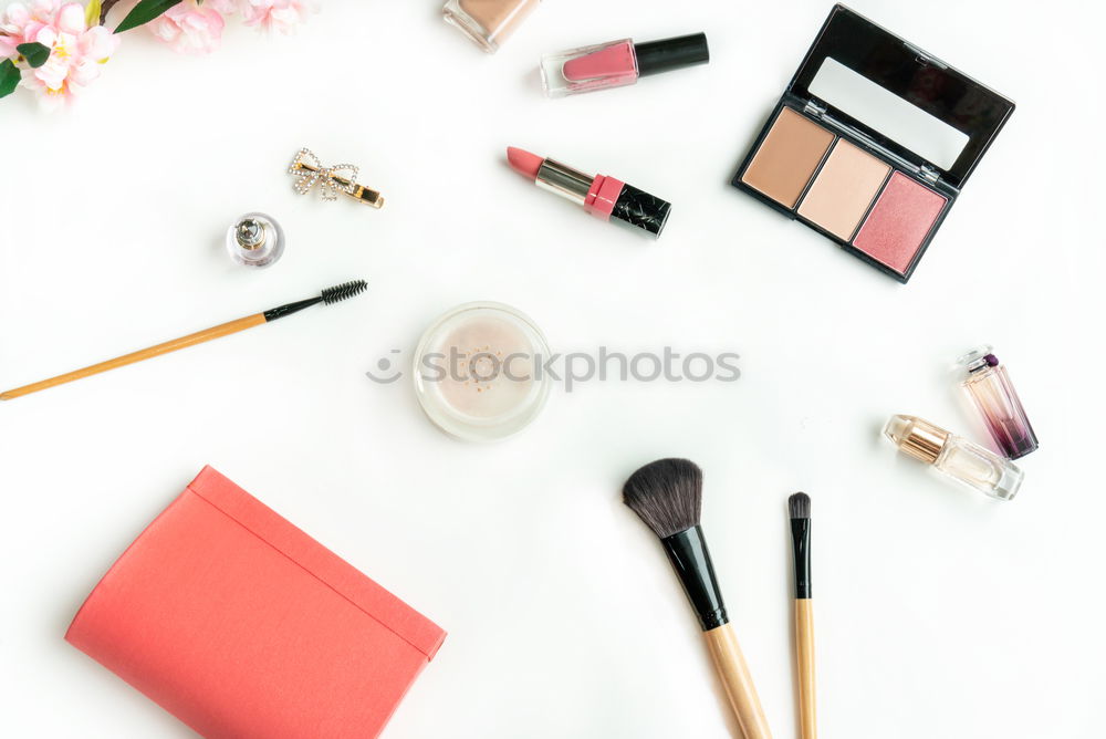 Similar – Flat lay of leather woman bag open out with cosmetics