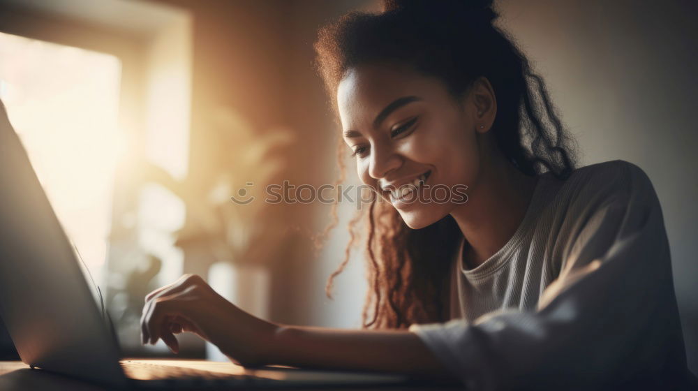 Image, Stock Photo beautiful black woman on bed with laptop and cup of coffee