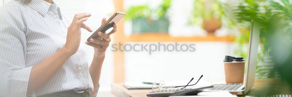 Image, Stock Photo Side view on woman working on tablet near window in sunlight