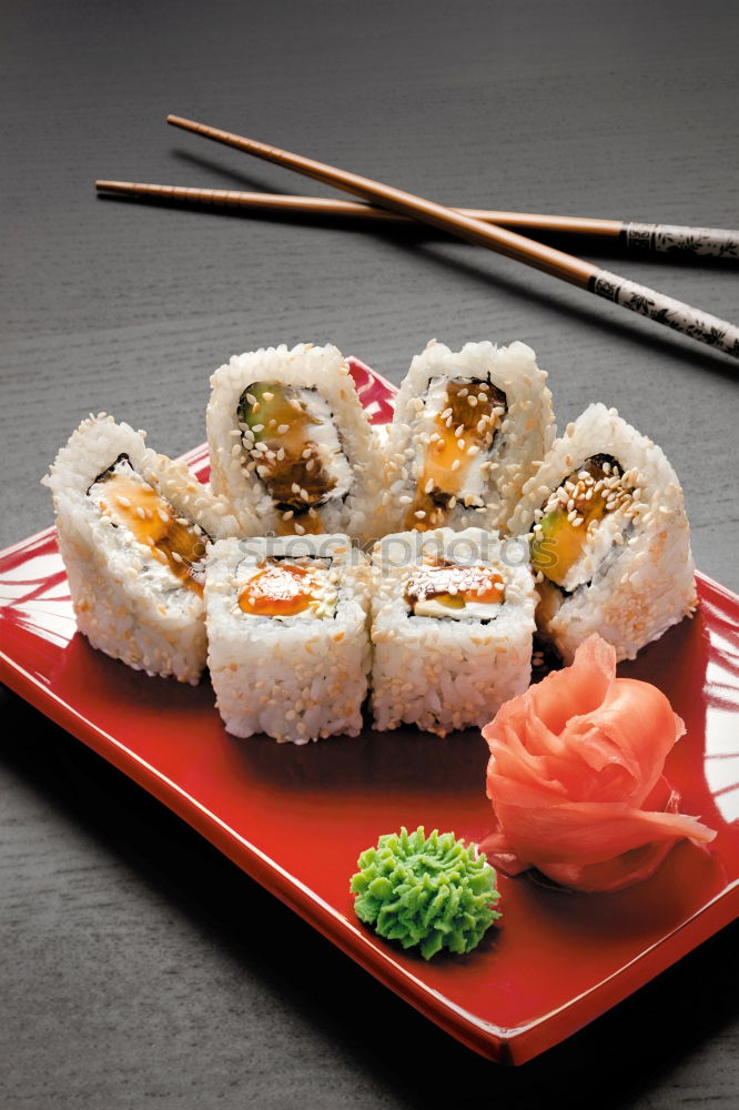 Similar – sushi assortment in white plate and soya sauce