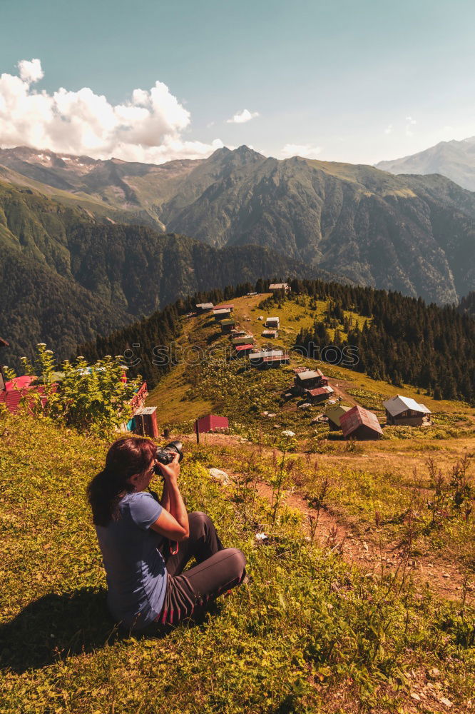 Similar – Image, Stock Photo Standing couple holding hands contemplating the terraces over Machu Picchu, the most visited tourist destination in Peru. Rear view image.