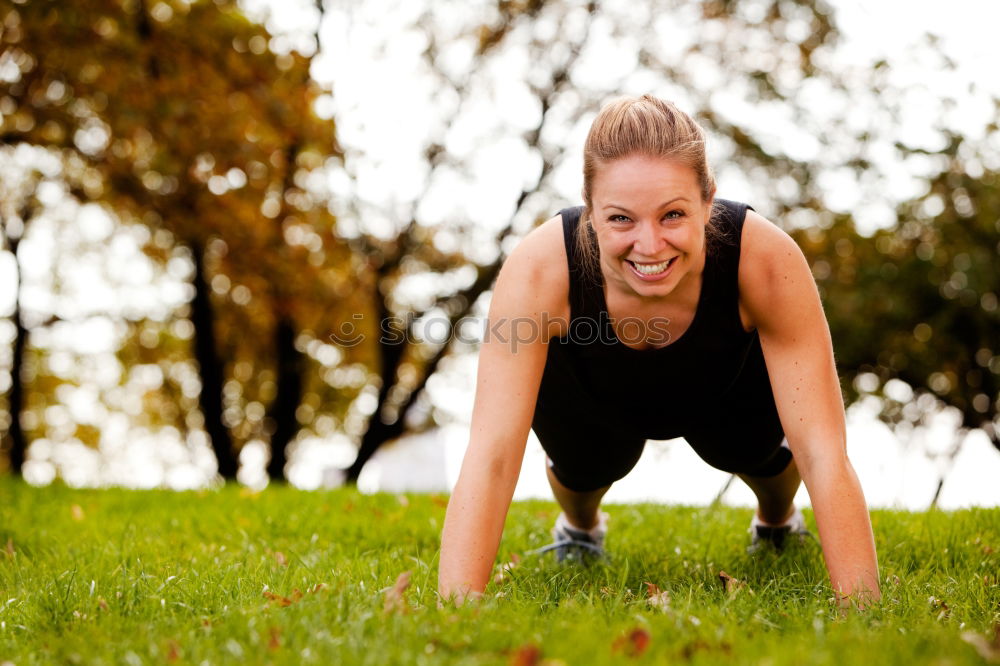 Similar – Image, Stock Photo Happy fit young woman doing stretching exercises