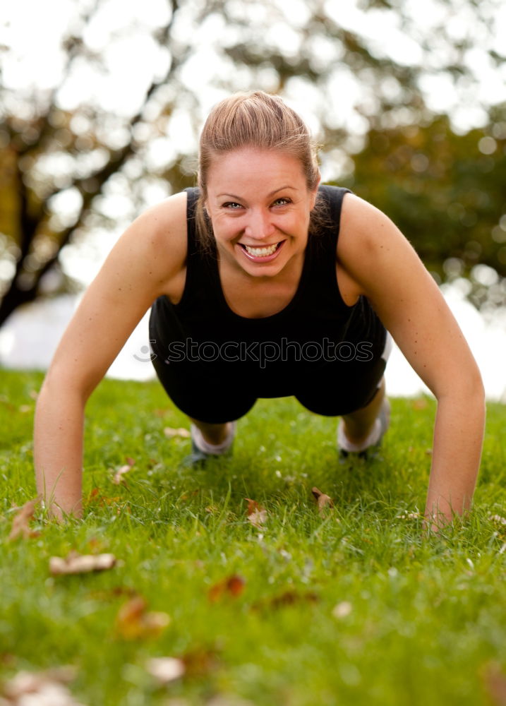 Image, Stock Photo Happy fit young woman doing stretching exercises