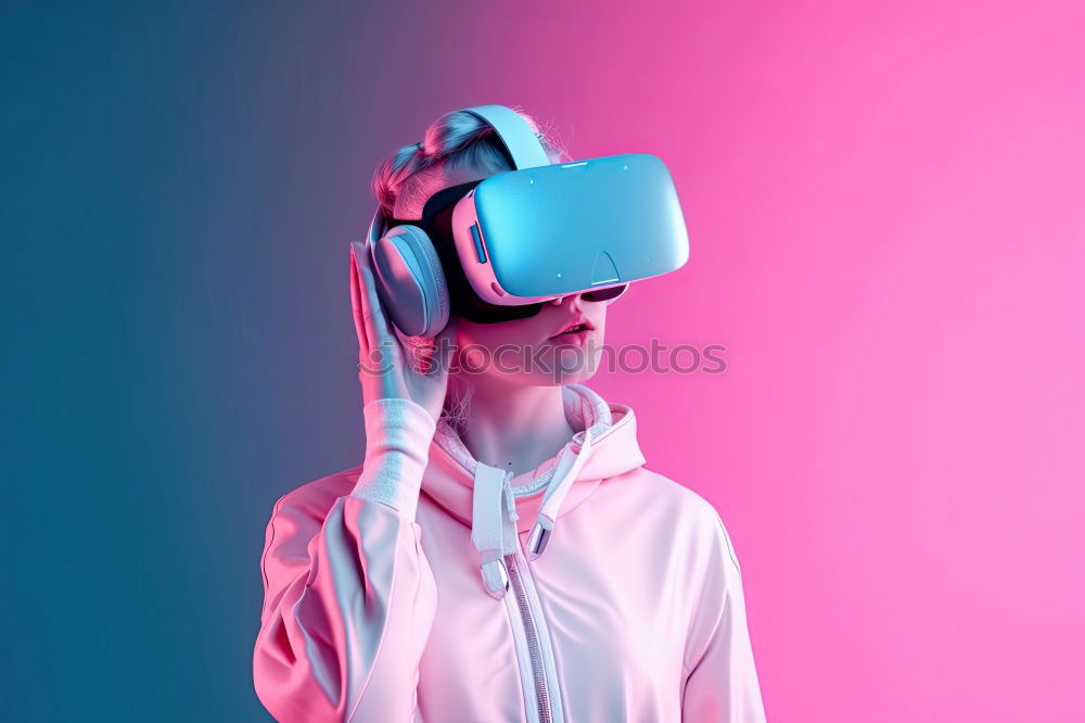 Image, Stock Photo Boy with virtual reality glasses on colorful background. Future technology, VR concept