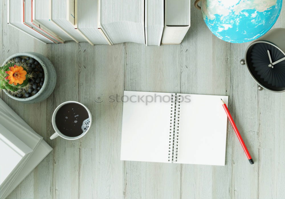 Similar – Blue office: note with pencil, sharpener, paper clips, eraser and a coffee cup