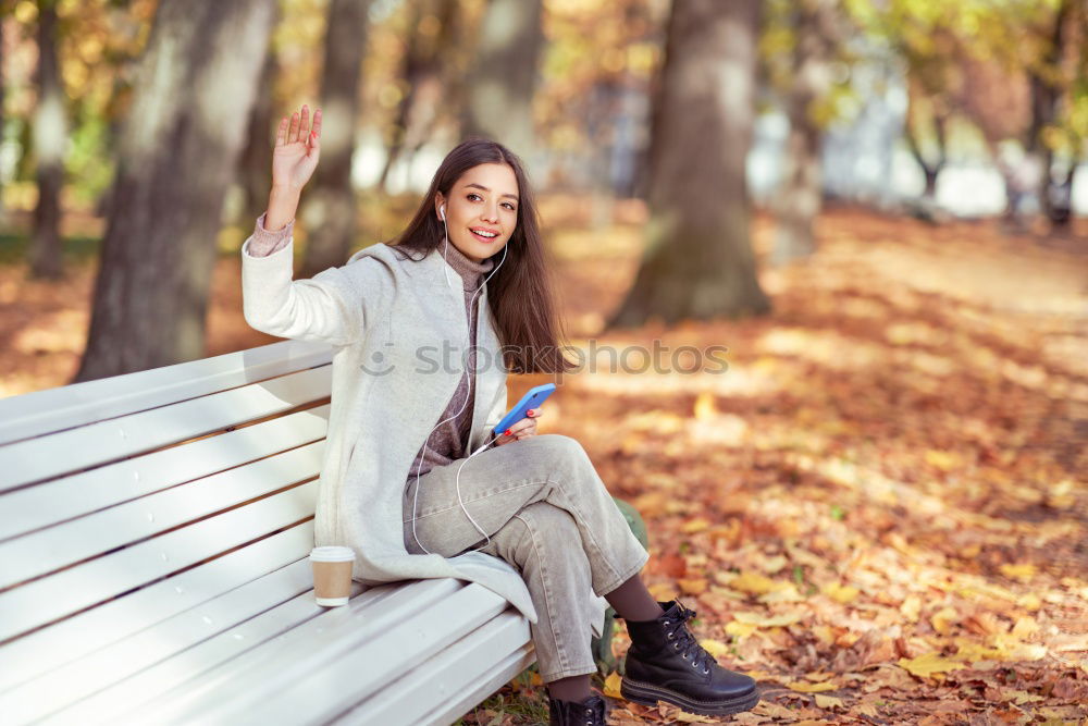 Similar – Image, Stock Photo Blonde girl drinking coffee in park sitting on grass