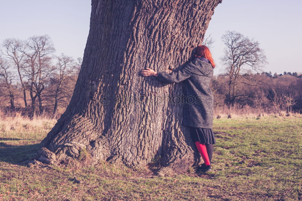 Similar – Image, Stock Photo Woman with knitted hat and coat hugs a tree, dreaming in nature.