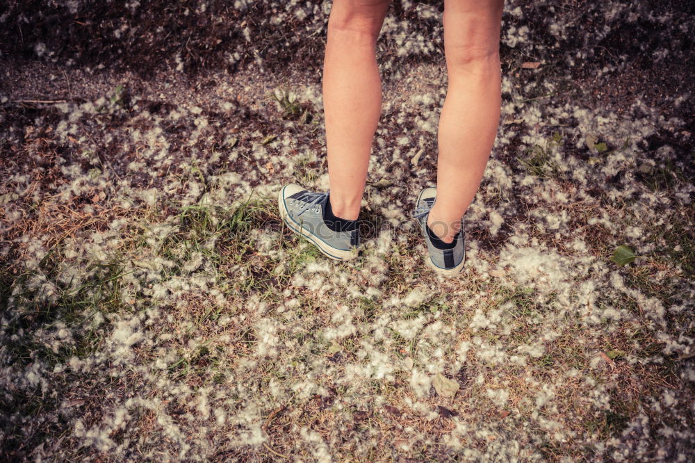 Similar – Image, Stock Photo A woman is standing in the snow.  Next to her two empty footprints. She wears black and white striped stockings and purple boots.