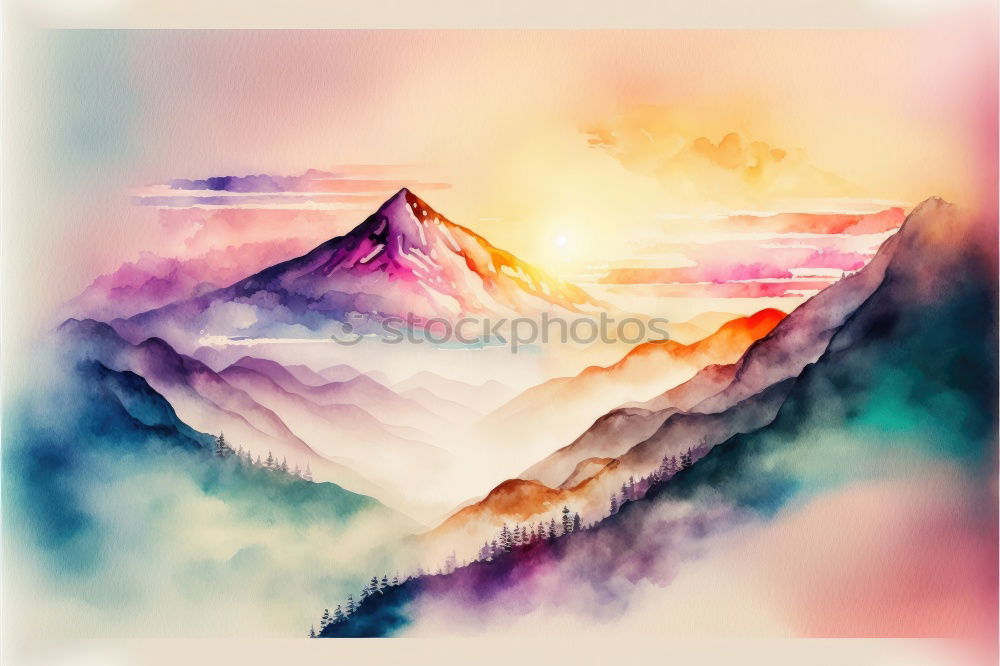 Similar – Panorama mountain landscape at sunset. Valley during sunrise.