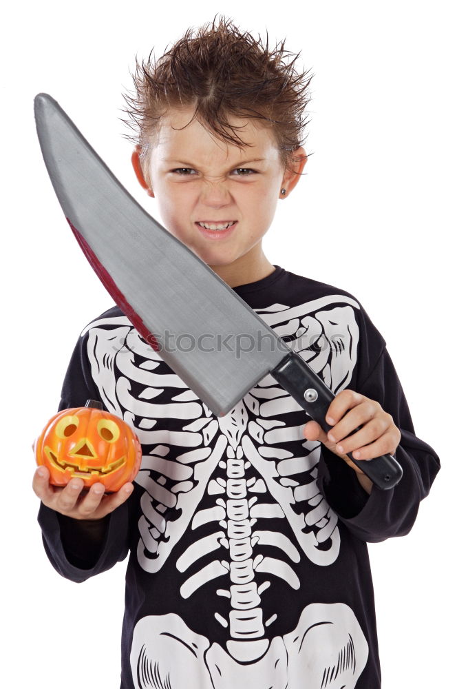 Similar – Image, Stock Photo Young boy in the Skeleton costume holding Halloween pumpkin