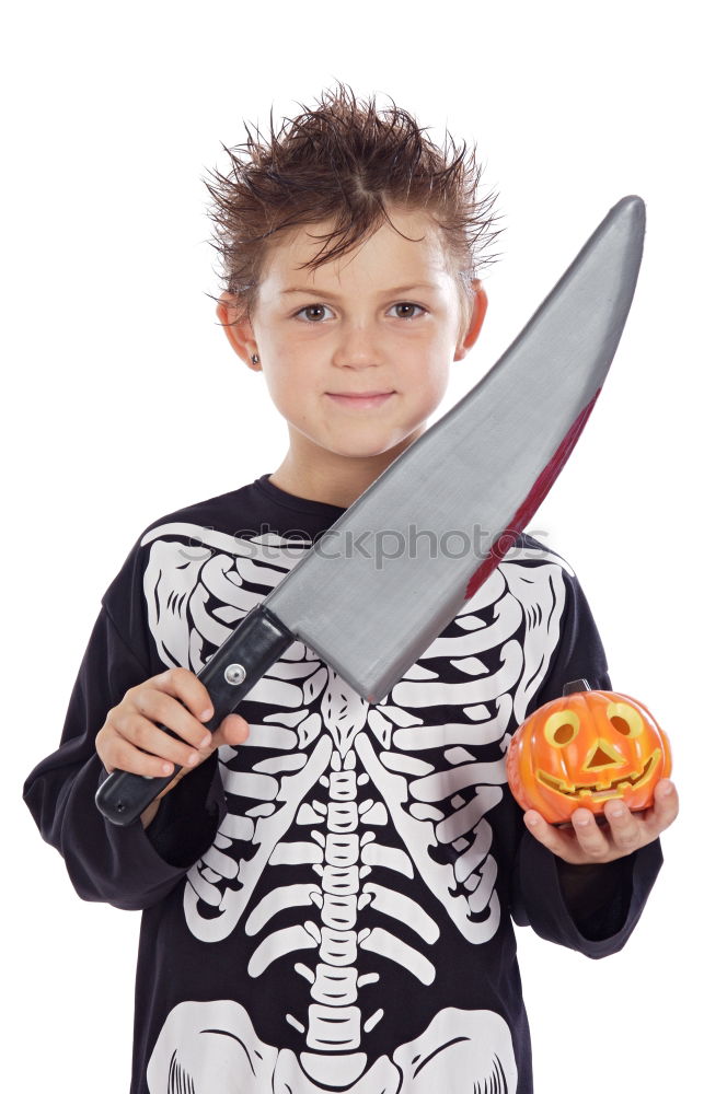 Similar – Image, Stock Photo Young boy in the Skeleton costume holding Halloween pumpkin