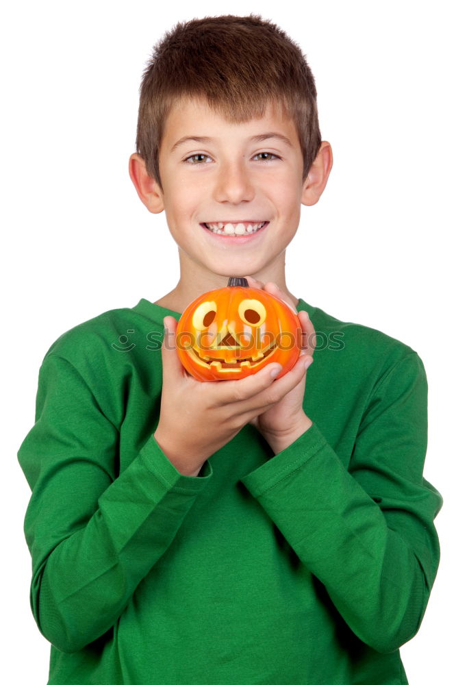 Similar – Image, Stock Photo Young boy in the Skeleton costume holding Halloween pumpkin