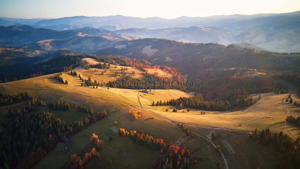 Image, Stock Photo Road in fall season woodland with clouds and blue sky