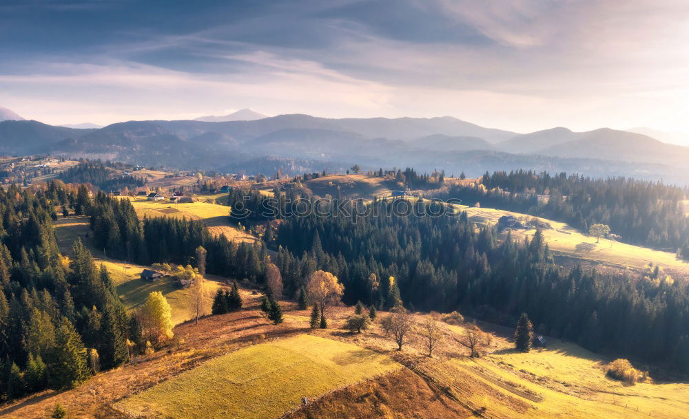 Similar – Image, Stock Photo Snow caped mountains and green fields and meadows