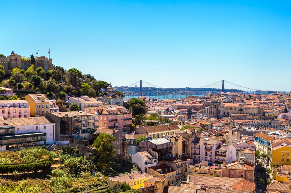 Image, Stock Photo Aerial View Of Downtown Lisbon Skyline And 25 de Abril Bridge