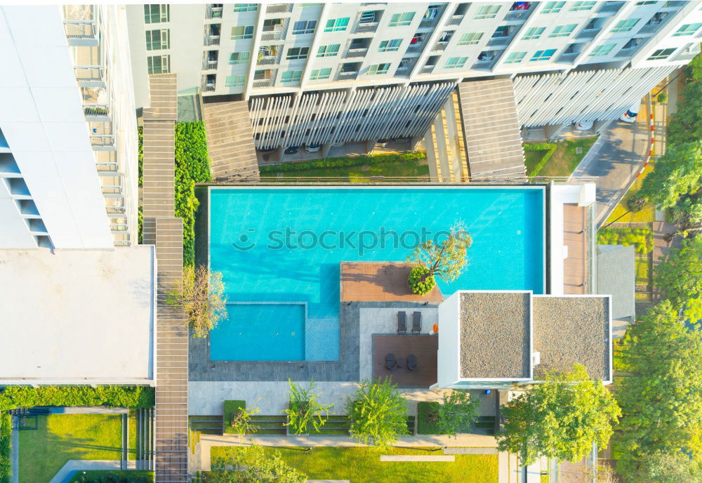 Similar – Image, Stock Photo Aerial view of decorative green garden with people, water scene and swimming pool in residential area