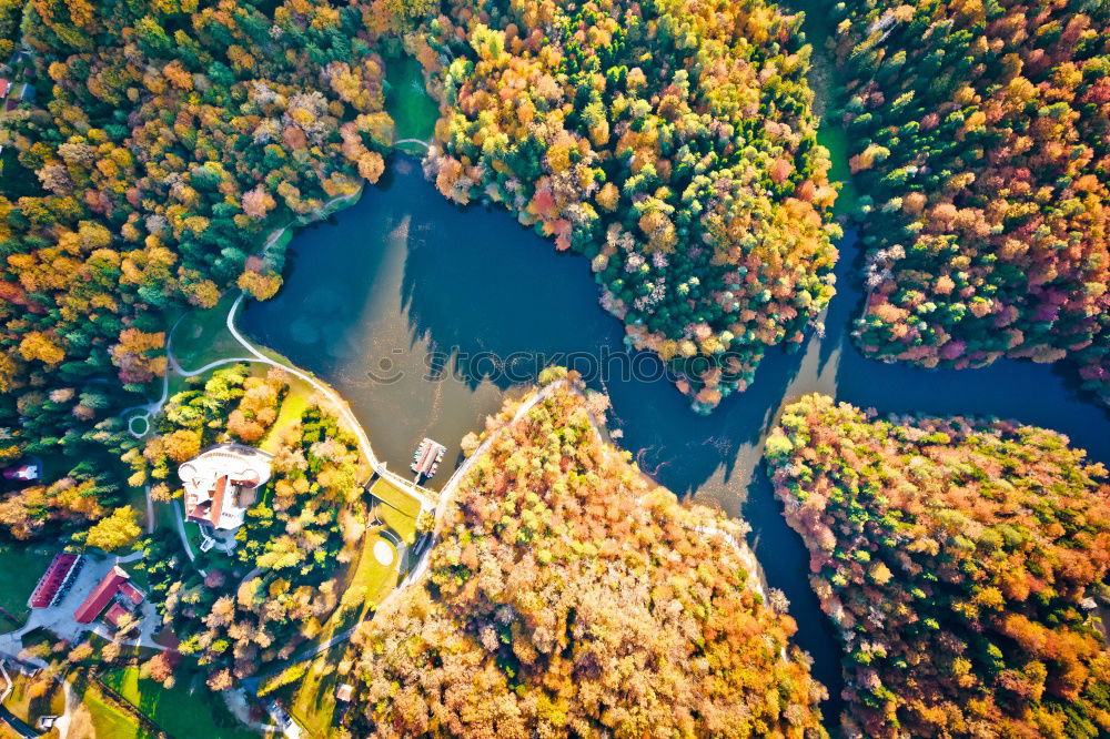 Curved road in fall forest and village.