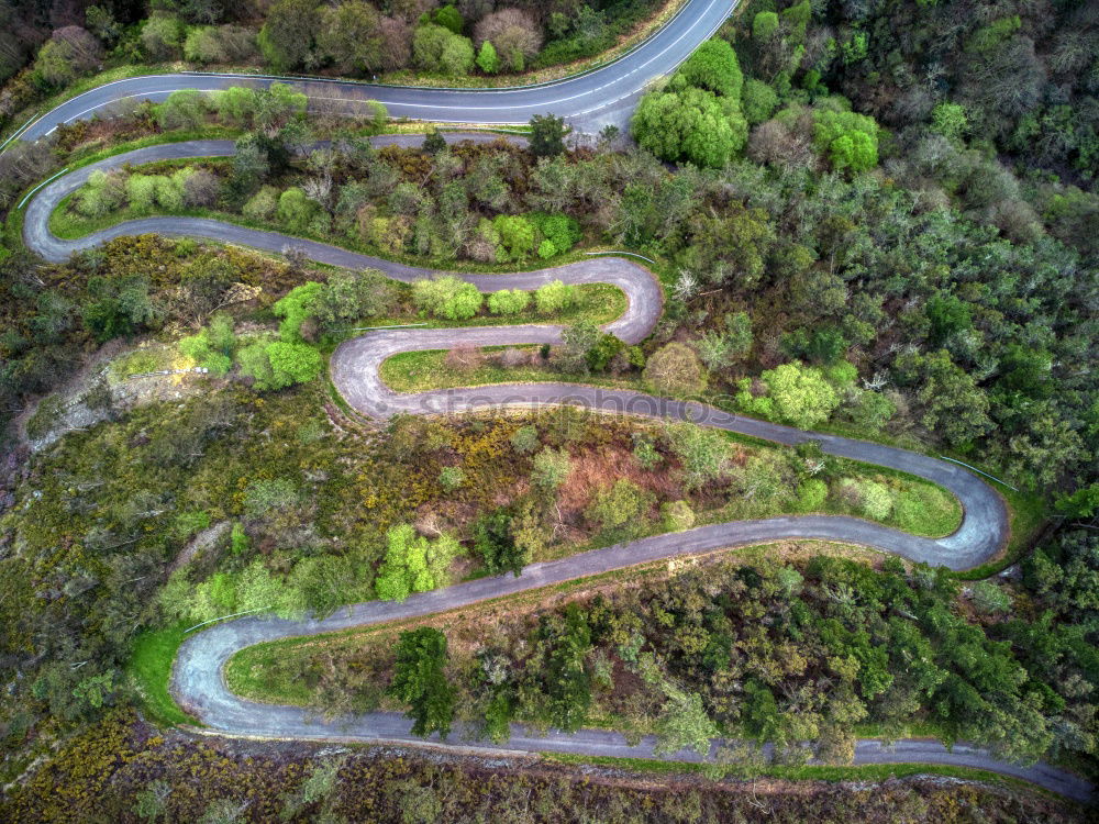 Similar – Eine kurvenreiche Straße von oben, die durch einen grünen Wald führt. Drohne Schuss für Tapeten, von oben nach unten von oben Luftaufnahme im Spätsommer.