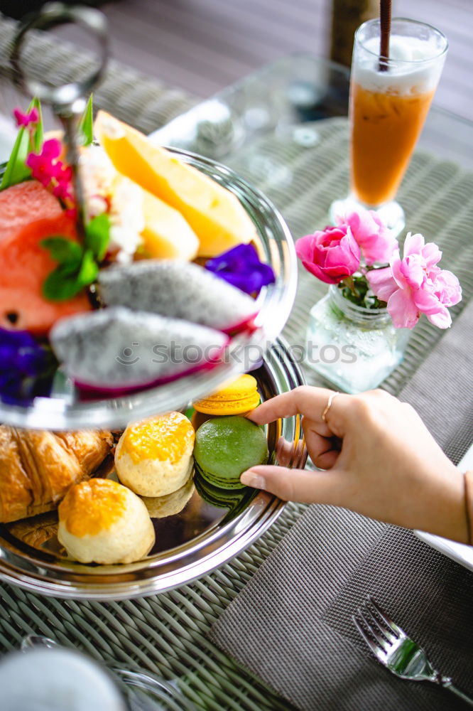 Image, Stock Photo Coffee or tea and tropical fruit plat on white bed