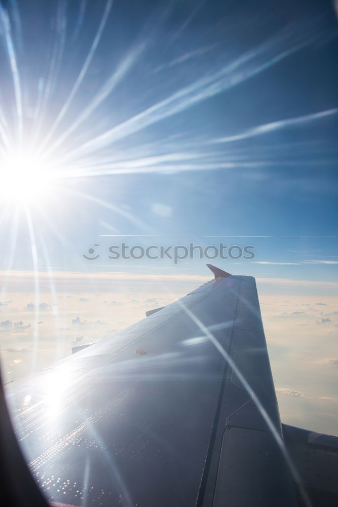 Aeroplane view into the setting sun