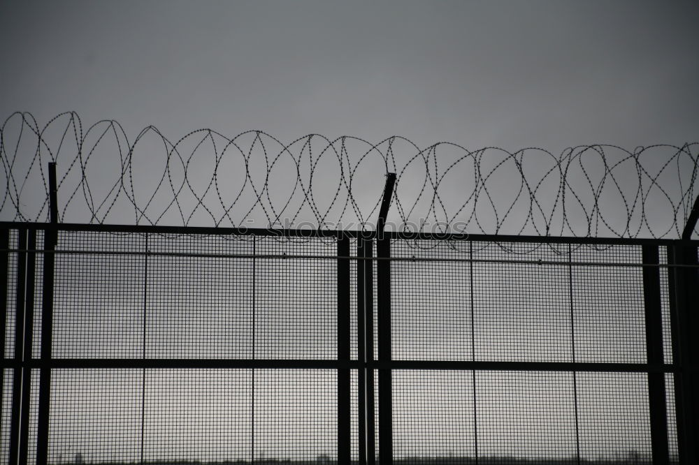 Similar – Prison security fence. Barbed wire security fence. Razor wire jail fence. Barrier border. Boundary security wall. Prison for arrest criminals or terrorists. Private area. Military zone concept.