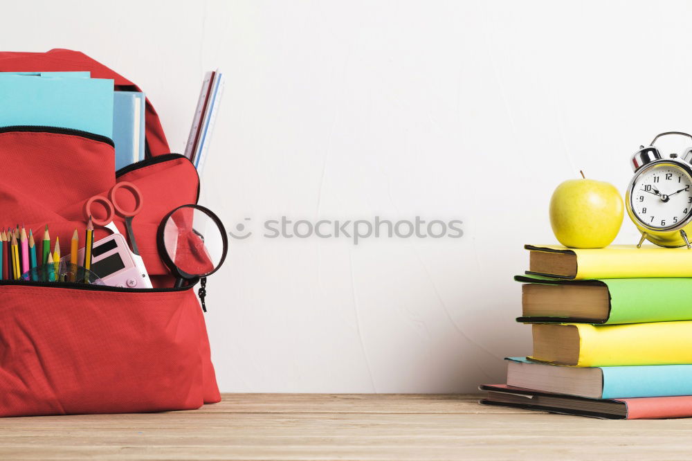 Image, Stock Photo Backpack and school supplies: books, magnifying glass, notepad
