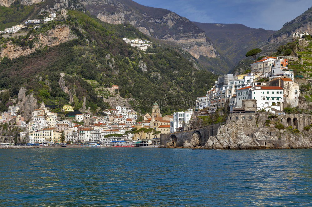 Image, Stock Photo Aerial view of small haven of Amalfi village with turquoise sea and colorful houses on slopes of Amalfi Coast with Gulf of Salerno, Campania, Italy.