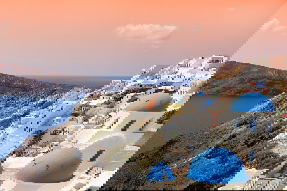 Image, Stock Photo View over the Greek island of Santorini with many houses and blue domed roofs